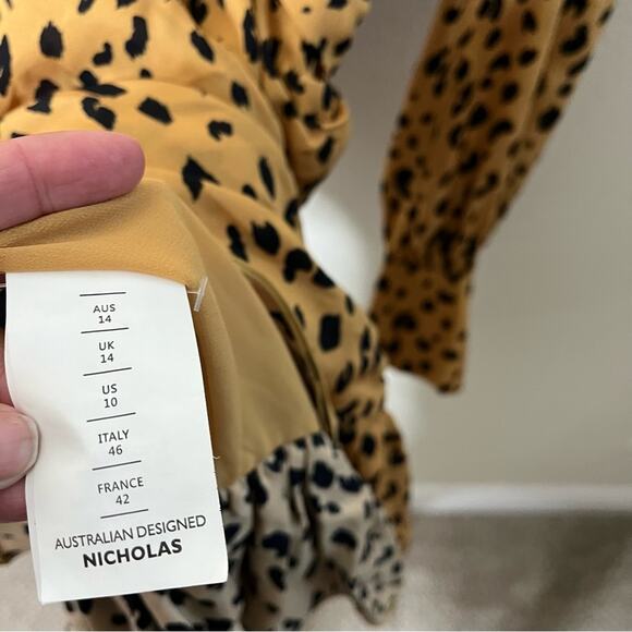 Nicholas Gathered Frill Silk Dress Ruffle Mini Cheetah Womens Size 10 - Picture 11 of 13